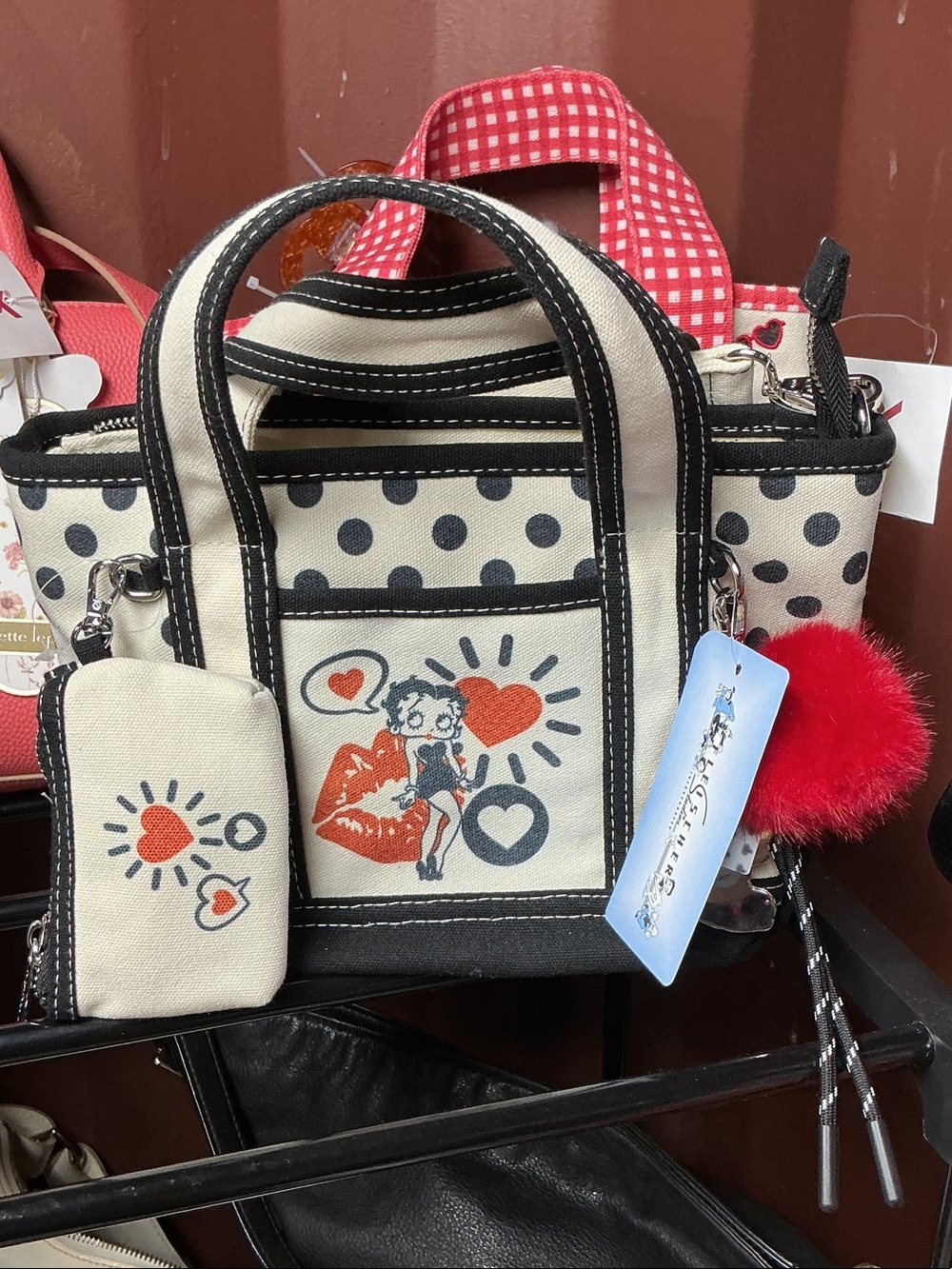 Juicy Couture Cream & Black Polka Dot Mini Tote with Red Pom-Pom Charm